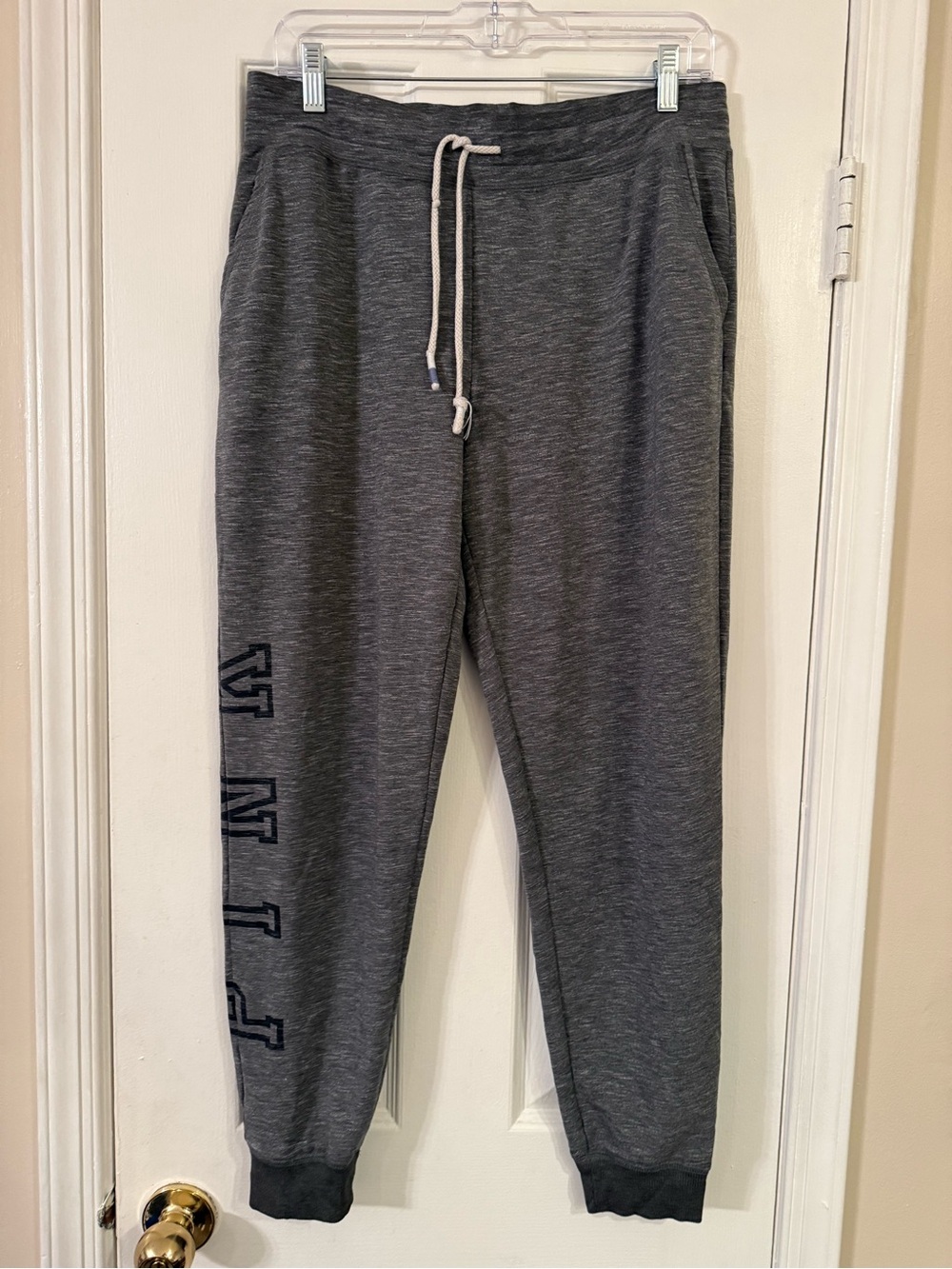 Victoria's Secret Dark Gray Heather Track Joggers with Navy Lettering